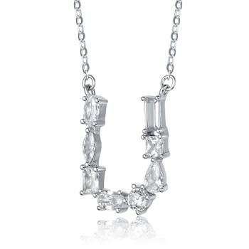 Initial U Mixed Cut CZ Pendant Necklace In Sterling Silver 18 Inch