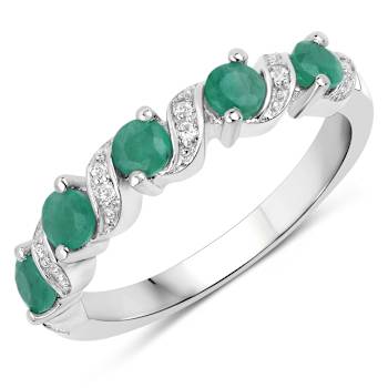 Green Emerald and White Topaz Sterling Silver 5 Stone Band Ring