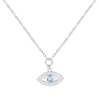 Blue Topaz and Moissanite Rhodium Over Sterling Silver Evil Eye Necklace