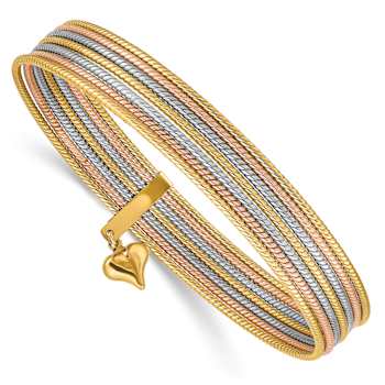 14k Tri-color Gold 11mm Oversized Set of 7 Textured Slip-on Bangles with
Dangle Heart Charm