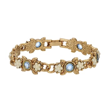 Gold Tone Round Crystal Faux Pearl Rose Bracelet