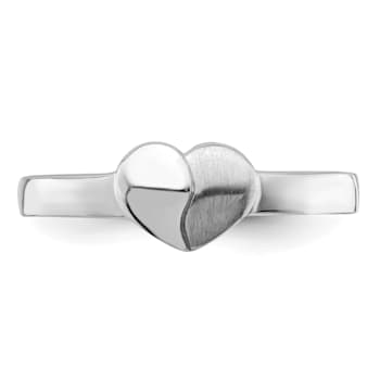 Rhodium Over Sterling Silver Polished and Satin Heart Ring