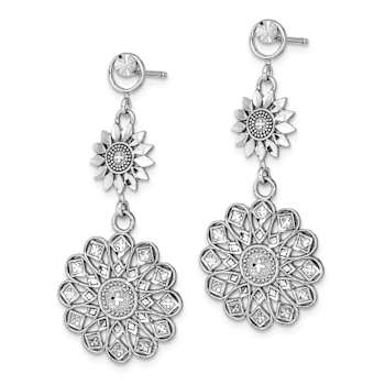 Rhodium Over 14k White Gold Diamond-Cut Sunflower Style Double Drop Earrings