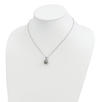 Rhodium Over Sterling Silver Polished Necklace and Earring Set with
Tahitian Pearls and CZ.