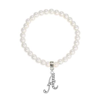 White Faux Pearl Bead Initial Charm Stretch Bracelet