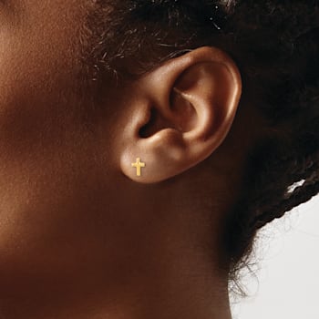 14k Yellow Gold Polished Set of 3mm Ball stud, CZ Flowers and Cross 3
Pair Earrings Set