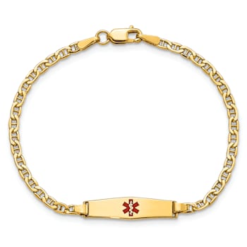 14k Yellow Gold Medical Soft Diamond Shape Red Enamel Mariner Link ID Bracelet