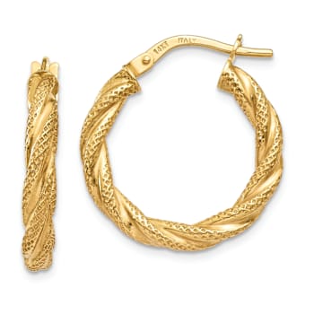 14k Yellow Gold Twisted Textured 13/16" Hoop Earrings