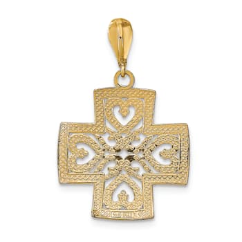 14k Yellow Gold and Rhodium Over 14k Yellow Gold Diamond-Cut Heart Cross Charm