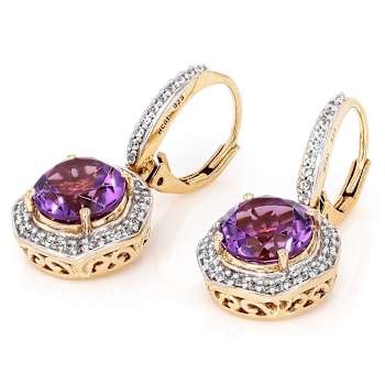 Amethyst Round And White Zircon Dangle Earrings In 18K Gold Over
Sterling Silver 3.42ctw