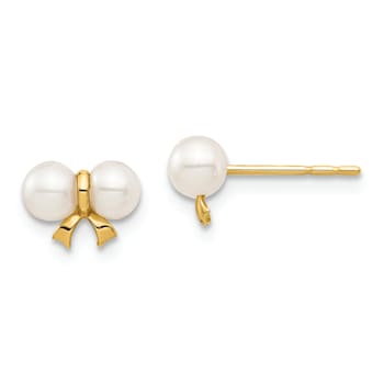 14k Yellow Gold 3-4mm White Round Freshwater Cultured Pearl Bow Stud Earrings