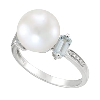 10-10.5mm Round White Freshwater Pearl, Aquamarine with Diamond Accents
14K White Gold Ring