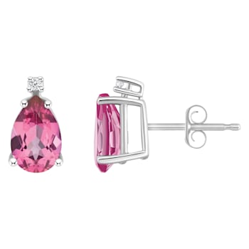 8x5mm Pear Shape Pink Topaz with Diamond Accents 14k White Gold Stud Earrings
