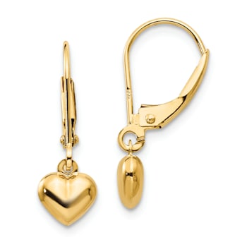 14K Yellow Gold Puffed Polished Heart Drop Leverback Earrings