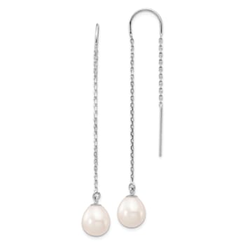 Rhodium Over 14K White Gold 7-8mm White Teardrop Freshwater Cultured
Pearl Threader Earrings