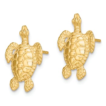 14K Yellow Gold Polished and Textured Sea Turtle Stud Earrings