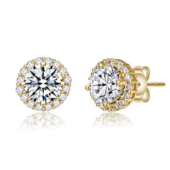CZ Halo Stud Earrings In 14K Gold Over Brass