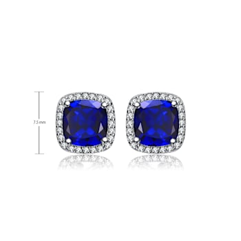 Sapphire Color CZ Halo Stud Earrings In Sterling Silver