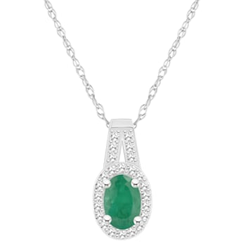 6x4mm Oval Emerald 1/8 ctw Diamond Rhodium Over Sterling Silver Halo
Pendant with Chain