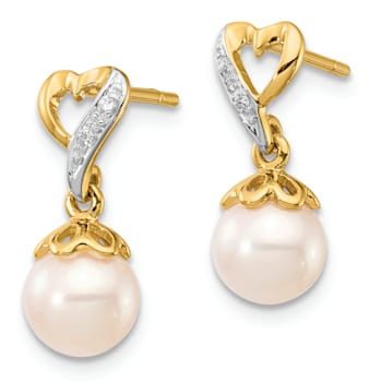 14K Yellow Gold 6-7mm Round Freshwater Cultured Pearl 0.01ct Heart
Diamond Dangle Earrings