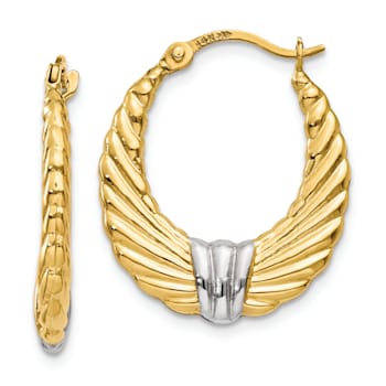 14k Yellow Gold and Rhodium Over 14k Yellow Gold 13/16" Polished
and Textured Hoop Earrings