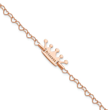 14K Rose Gold Over Sterling Silver Princess Crown Heart Link Children's Bracelet