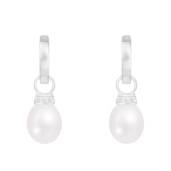 8-8.5mm White Cultured Freshwater Pearl Rhodium Over Sterling Silver Earrings