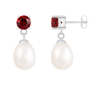 7.5-8mm White Cultured Freshwater Pearl and Garnet Rhodium Over Sterling
Silver Earrings