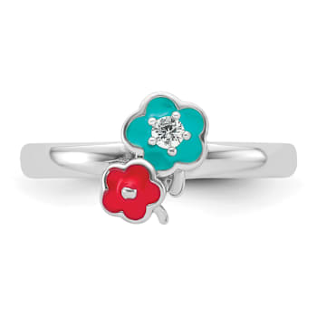 Rhodium Over Sterling Silver Blue and Pink Enameled with Cubic Zirconia
Floral Children's Ring