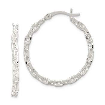 Sterling Silver Polished Textured Cable Chain 3x30mm Hoop Earrings