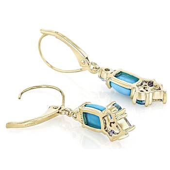 Turquoise And Multi-Blue Gemstone Dangle Earrings In Solid 10K Yellow Gold