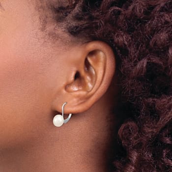 Rhodium Over Sterling Silver 8-9mm Button Freshwater Cultured Pearl
Leverback Earrings