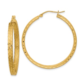 14k Yellow Gold 1 1/2" Satin and Diamond-cut Hoop Earrings