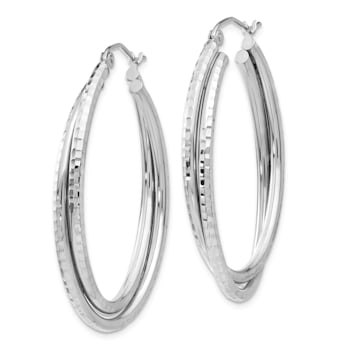 Rhodium Over 14k White Gold Diamond-Cut and Polished 1 1/2" Oval
Hoop Earrings