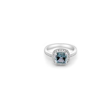 7mm Cushion Aquamarine and White CZ Rhodium Over Sterling Silver Ring, 1.54ctw