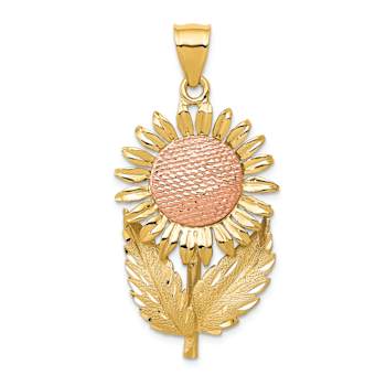 14k Yellow Gold and 14k Rose Gold Diamond-Cut Brushed Sunflower Pendant