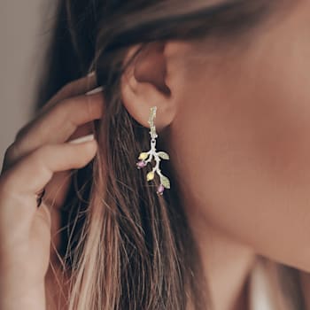 Rhodolite and Green Nanocrystal Rhodium Over Sterling Silver Leaf Earrings