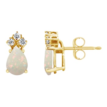 7x5mm Pear Shape Opal with Diamond Accents 14k Yellow Gold Stud Earrings