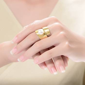 Pear Shape Freshwater Pearl Cuff Ring In 14K Gold Over Sterling Silver
