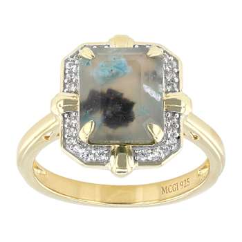 Blue Chalcedony Rectangular Octagonal And White Zircon Ring In 18K Gold
Over Sterling Silver 2.81ctw