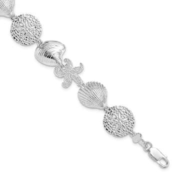 Rhodium Over Sterling Silver Polished Turtle, Shell, Starfish, Clam Bracelet