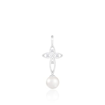 White Cultured Freshwater Pearl and Diamond 14K White Gold Pendant 6-6.5mm