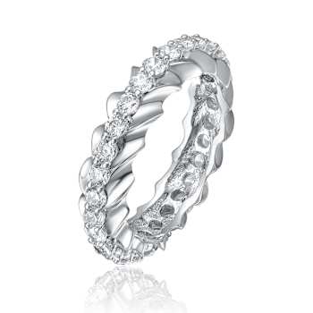 Modern CZ Band Ring In White Rhodium Over Brass