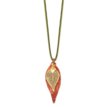 Iridescent Copper and 24k Yellow Gold Dipped Double Evergreen Leaf Necklace