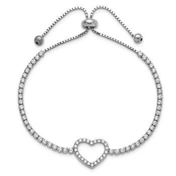 Rhodium Over Sterling Silver Cubic Zirconia Heart Adjustable Bracelet