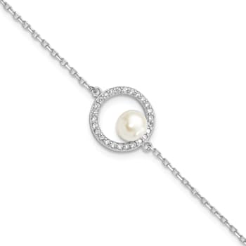 Rhodium Over Sterling Silver CZ 6-7mm White Button FW Cultured Pearl
with 1.25-inch Ext. Bracelet