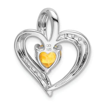Rhodium Over 14k White Gold Citrine and Diamond Heart Pendant
