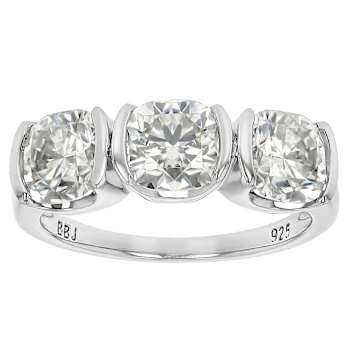Cushion-Cut Moissanite Three-Stone Ring In Platinum-Enhanced Sterling Silver