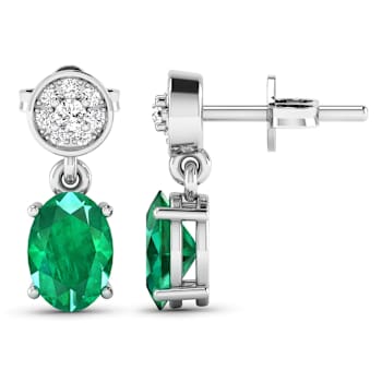 1.12ctw 14K White Gold  Zambian Green Emerald and White Diamond Halo Earrings
