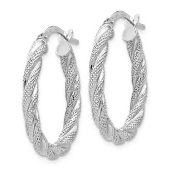 Rhodium Over 14k White Gold 15/16" Twisted Textured Oval Hoop Earrings